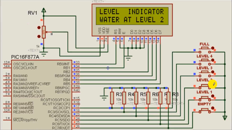 45. Water level indicator with Tank status checker (PIC16F877A)